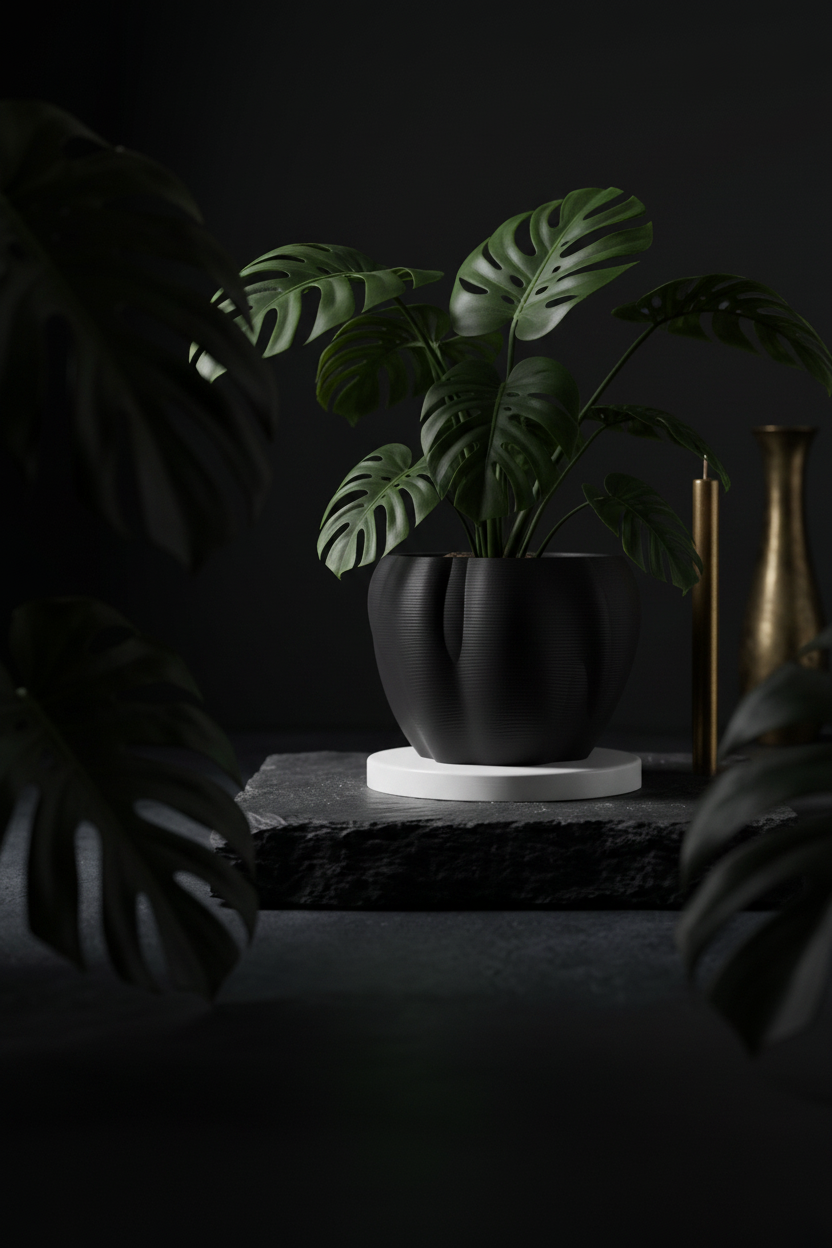 Charcoal black organic flowing planter with monstera on travertine plinth moody dark luxury lifestyle