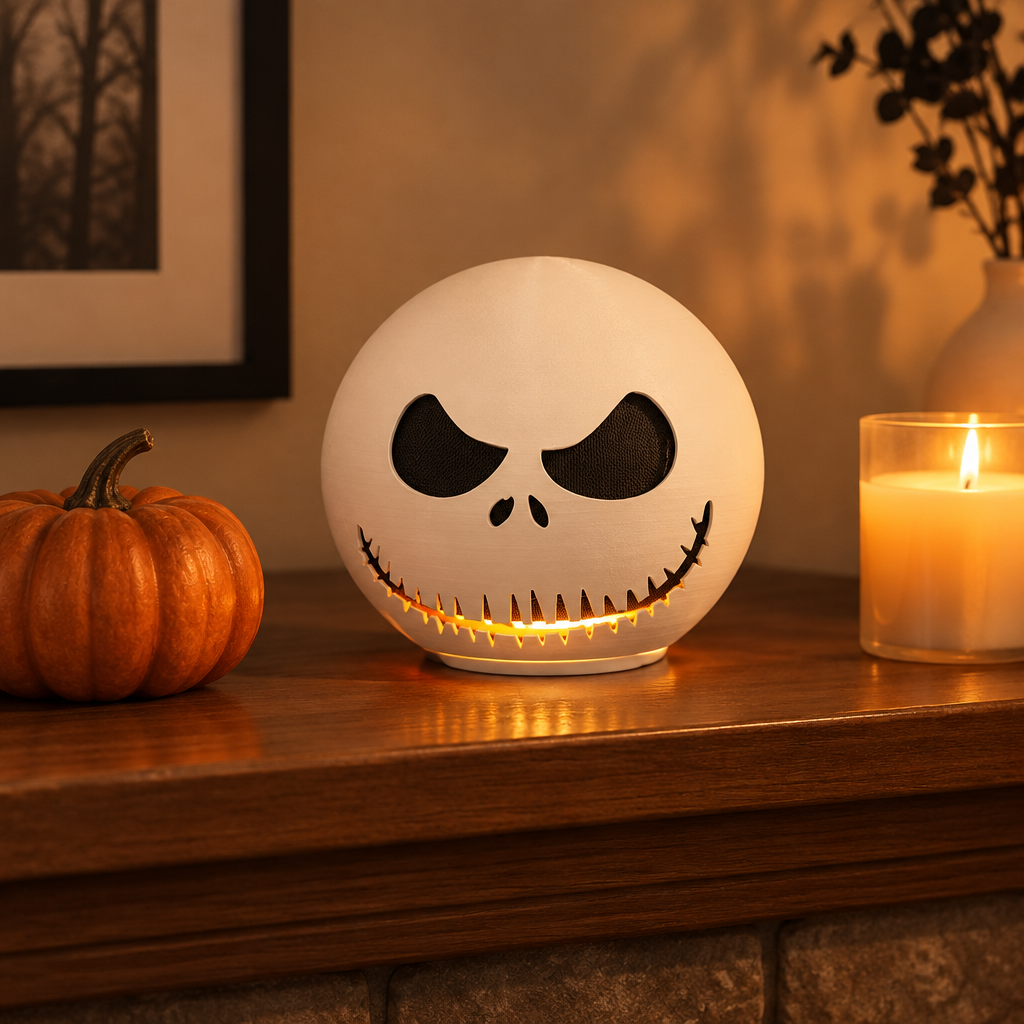 Jack Skellington shell glowing warmly on a mantel with a candle