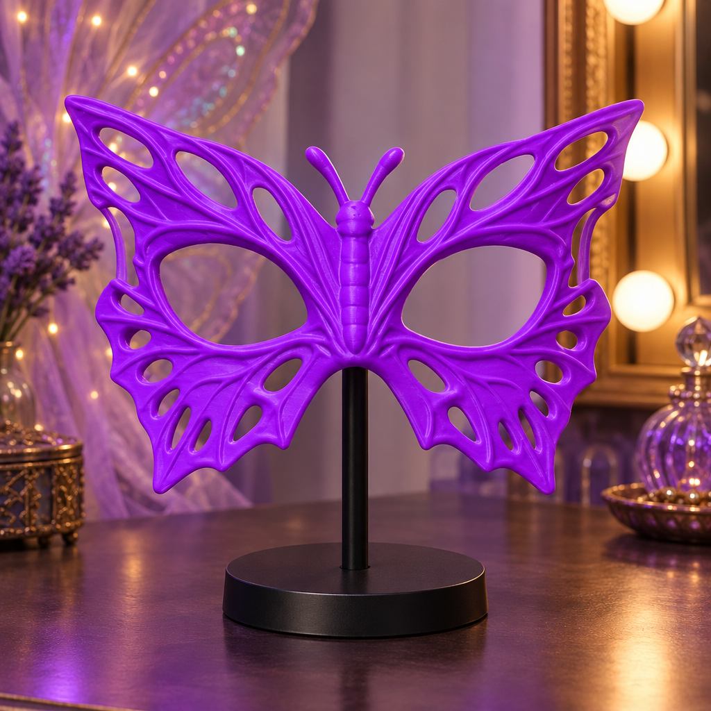 Neon Purple Butterfly Mask displayed on a stand in a fairy-costume dressing area.