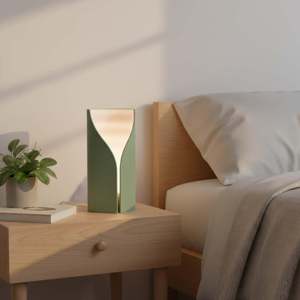 Sage green ripple lamp on oak bedside table - lifestyle