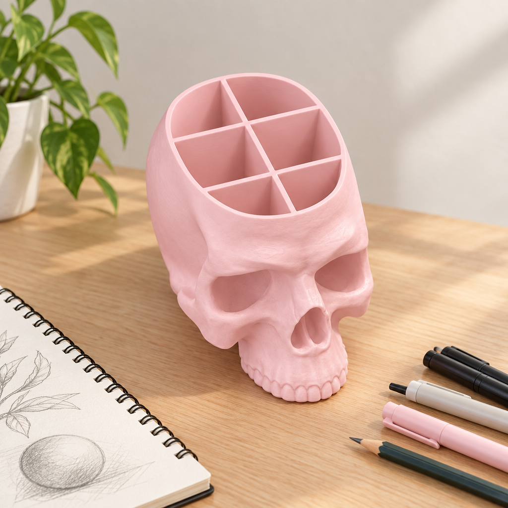 Pink skull desk organiser beside a sketchbook and pens