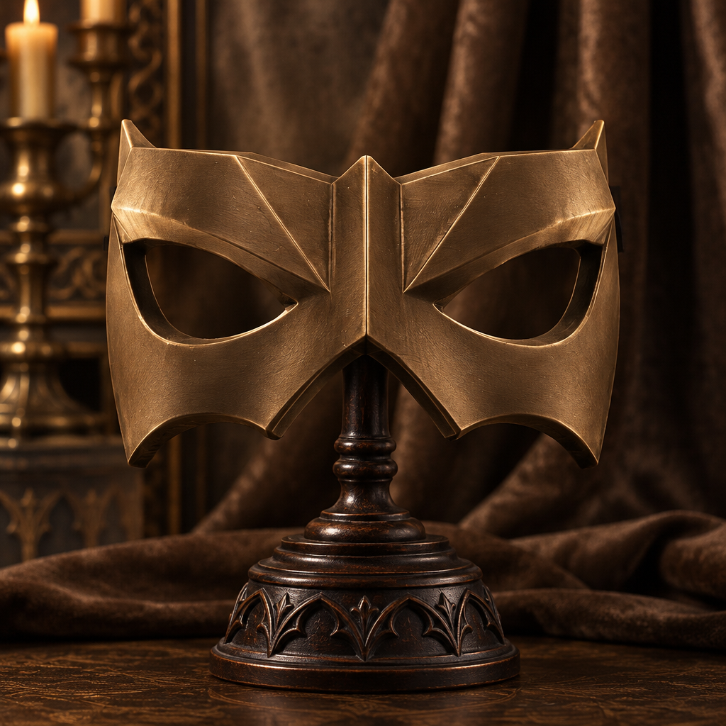 Bronze geometric Shadow Sentinel mask in a gothic studio, strap not included