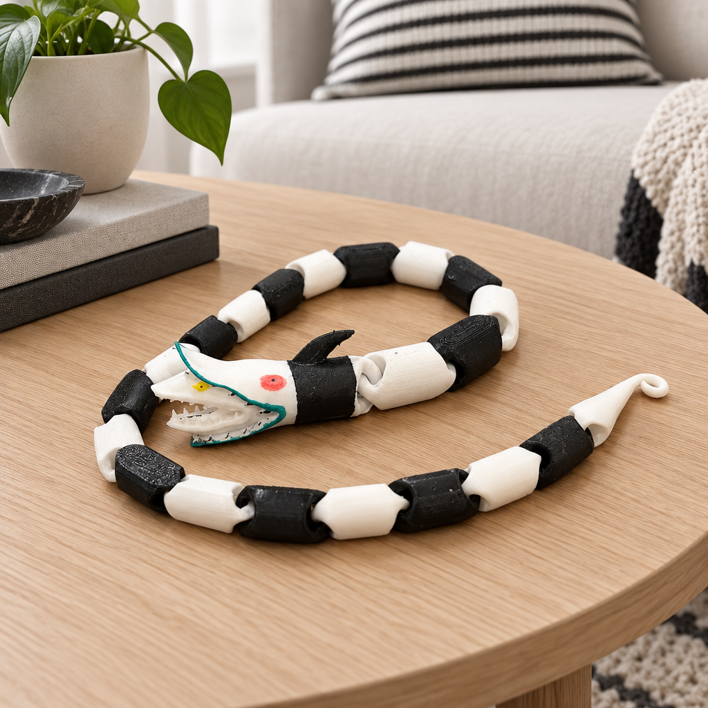 Articulated black and white snake fidget on a pale oak coffee table