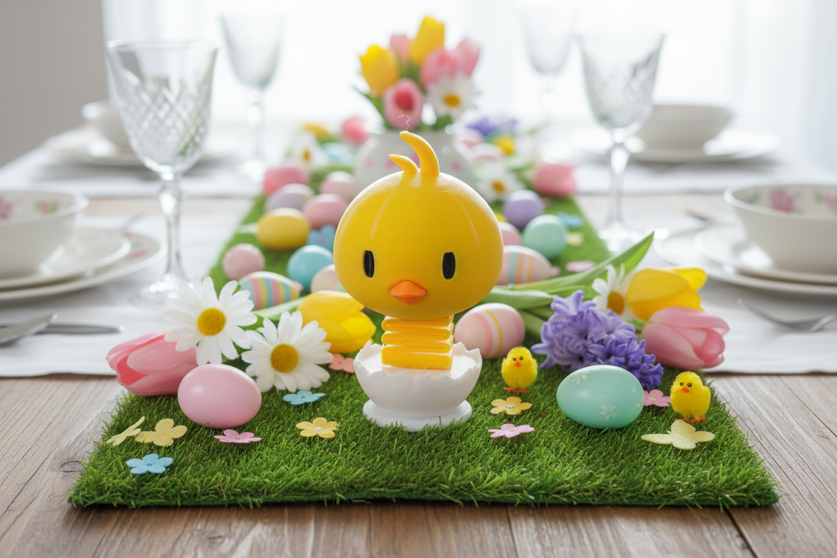 Chick Springie 3D printed Easter figure on a bright pastel Easter table setting with Easter eggs and spring flowers