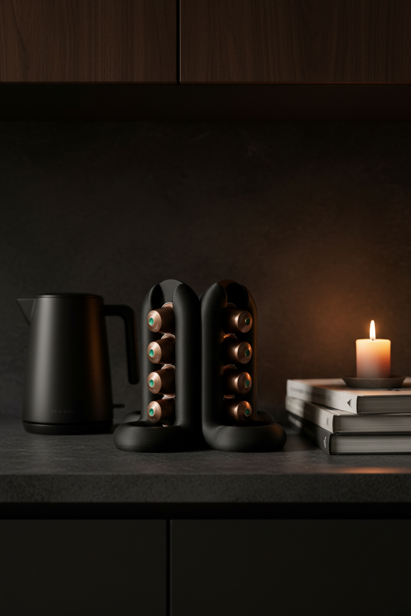 Black Wibble 4-way pod holder on dark slate beside black kettle moody kitchen - lifestyle