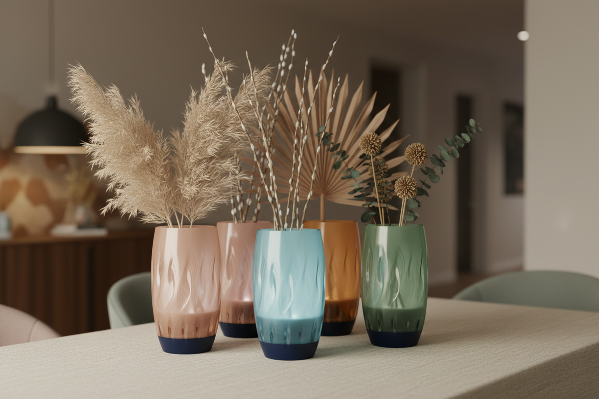 Four Twist Flame Vases ice blue soft pink warm orange sage green each matte black base organic wave flame dimple texture each holding dried botanical stems pale linen dining table centrepiece warm contemporary interior wide editorial landscape