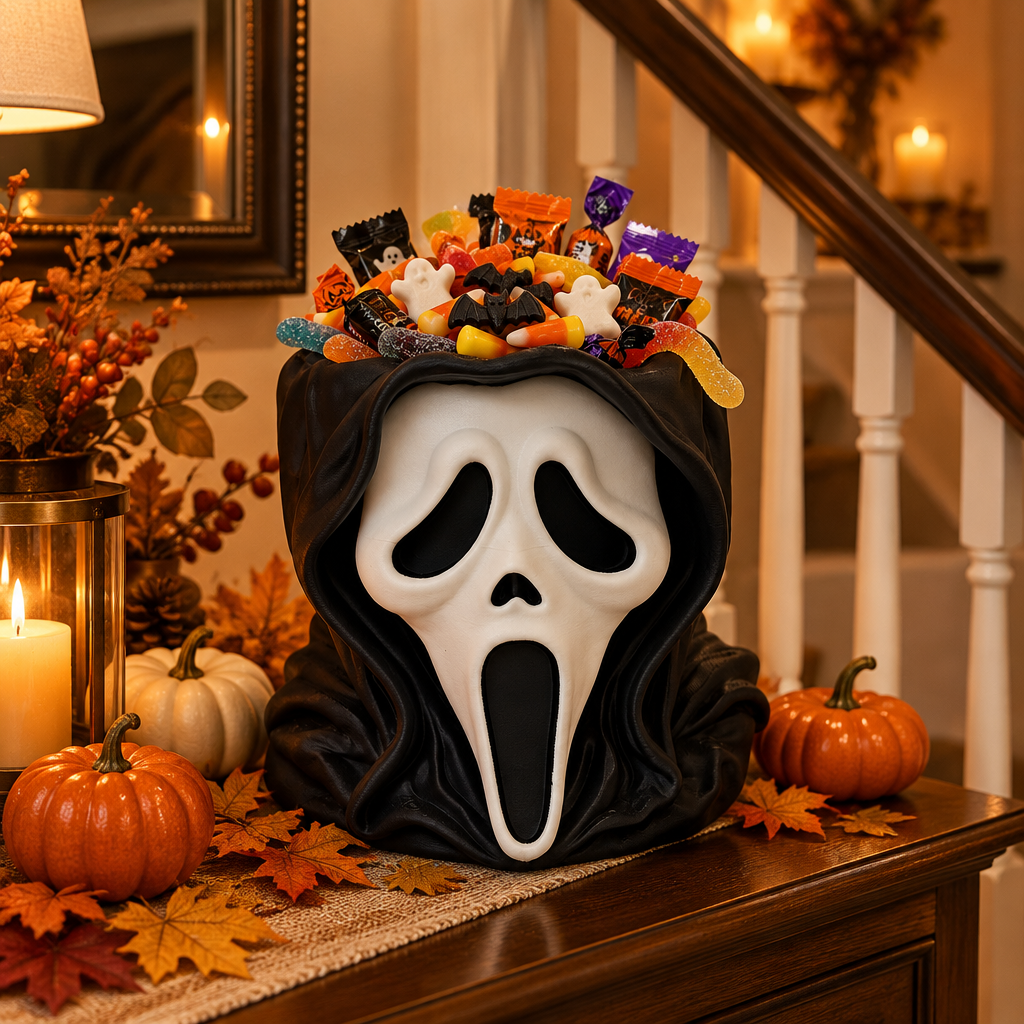 Black hooded Ghostface-inspired sweet bowl filled with treats on a stair landing console with pumpkins