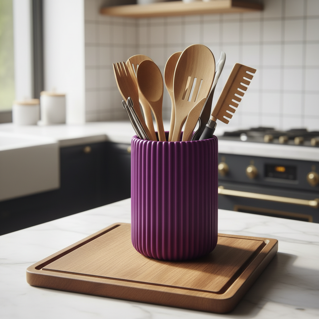 Ribbed Cylinder Utensil Holder - purple colourway filled with wooden spoons on marble kitchen counter