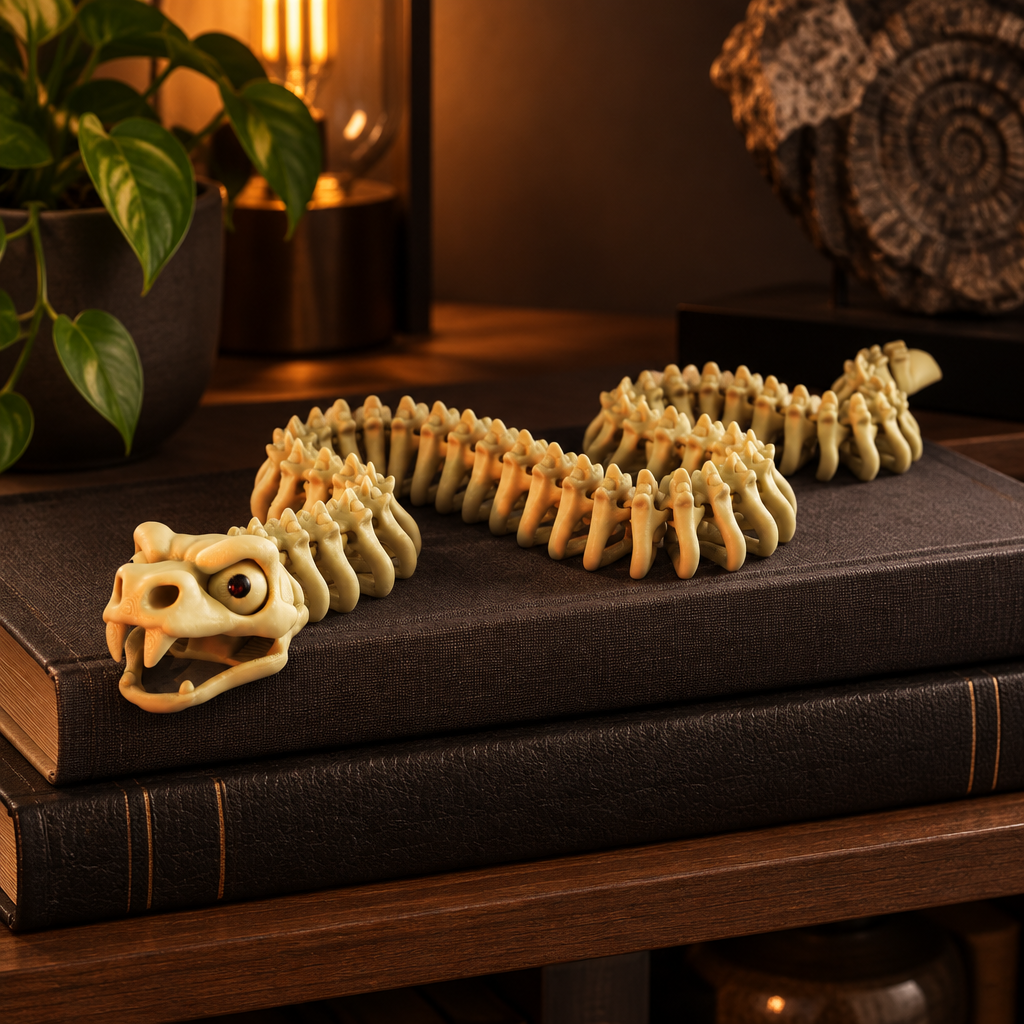 Articulated Snake Skeleton fidget resting across dark books