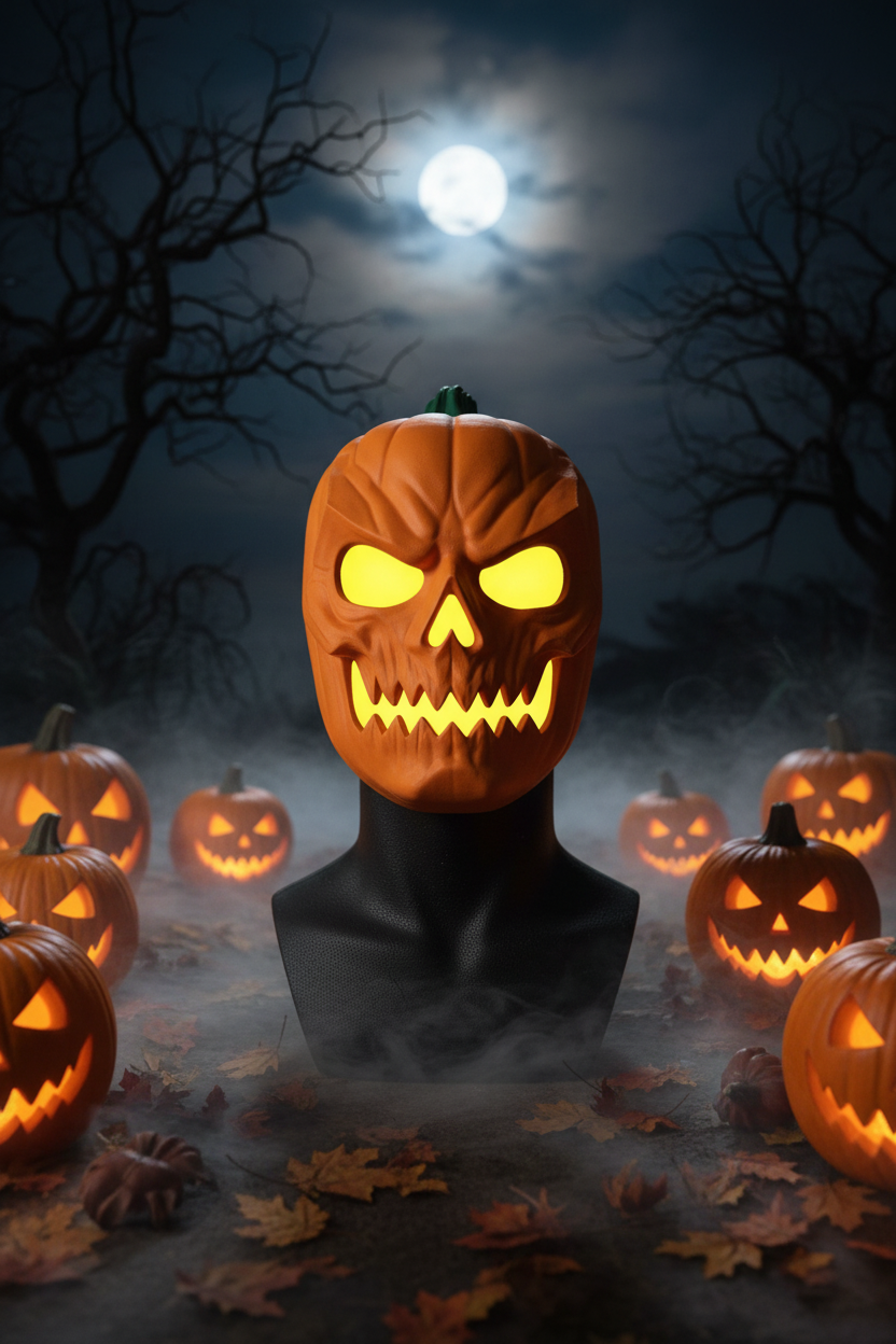 Pumpkin skull Halloween mask orange green stem carved ribbing hollow eyes jagged jaw black foam mannequin head outdoors Halloween night glowing jack-o-lanterns dry leaves ground fog moonlit eerie portrait