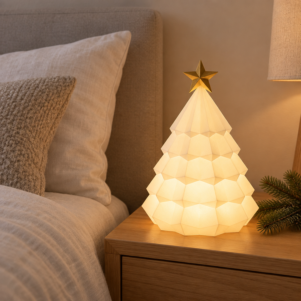 White faceted Christmas tree tealight holder with gold star on a bedside table