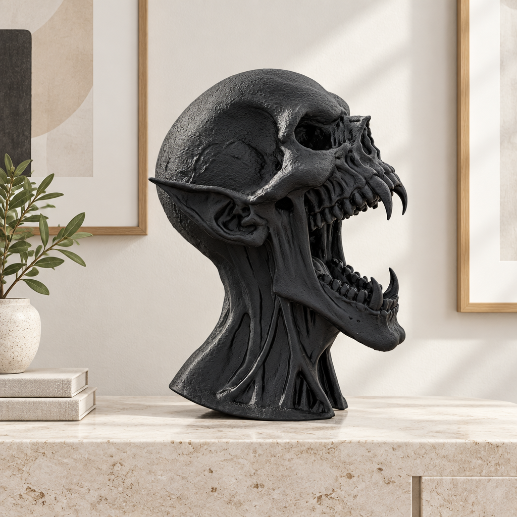 Black Vampire Skull displayed on a pale stone console