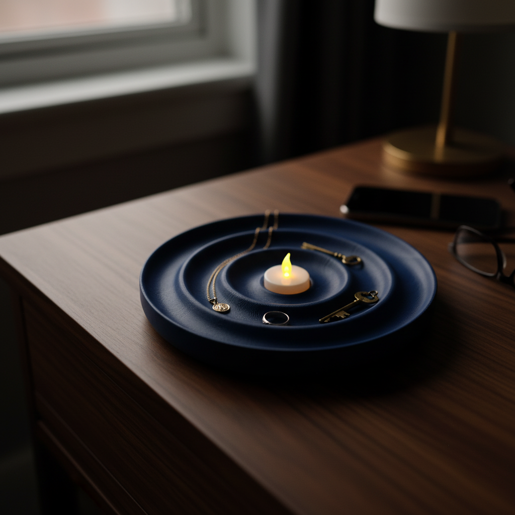 Soft Ripple Tealight Tray - navy blue walnut bedside with jewellery