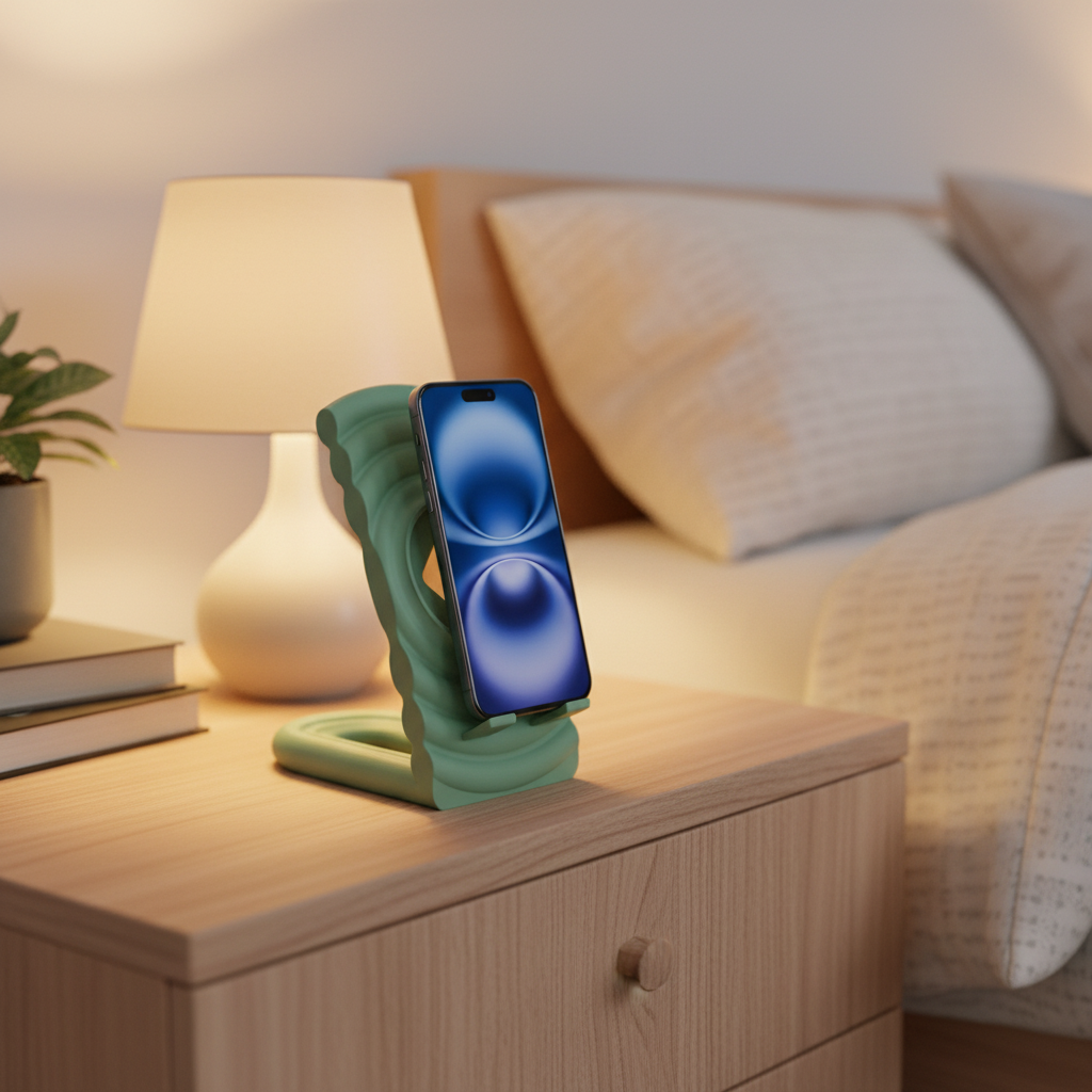 Sage green ripple MagSafe stand on bedside table - lifestyle