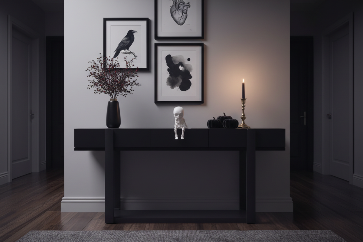 Sitting Sad Skeleton Figure on a stylish gothic hallway console