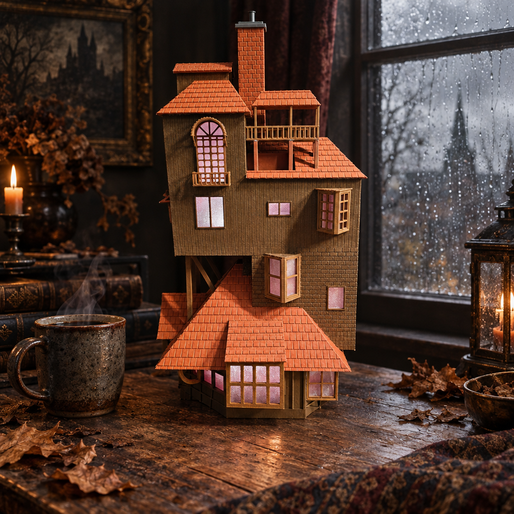 Horror House display model on a rustic table by a rainy window