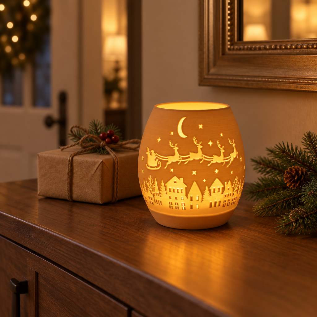 Santa sleigh tealight holder styled on an entryway console with a wrapped gift