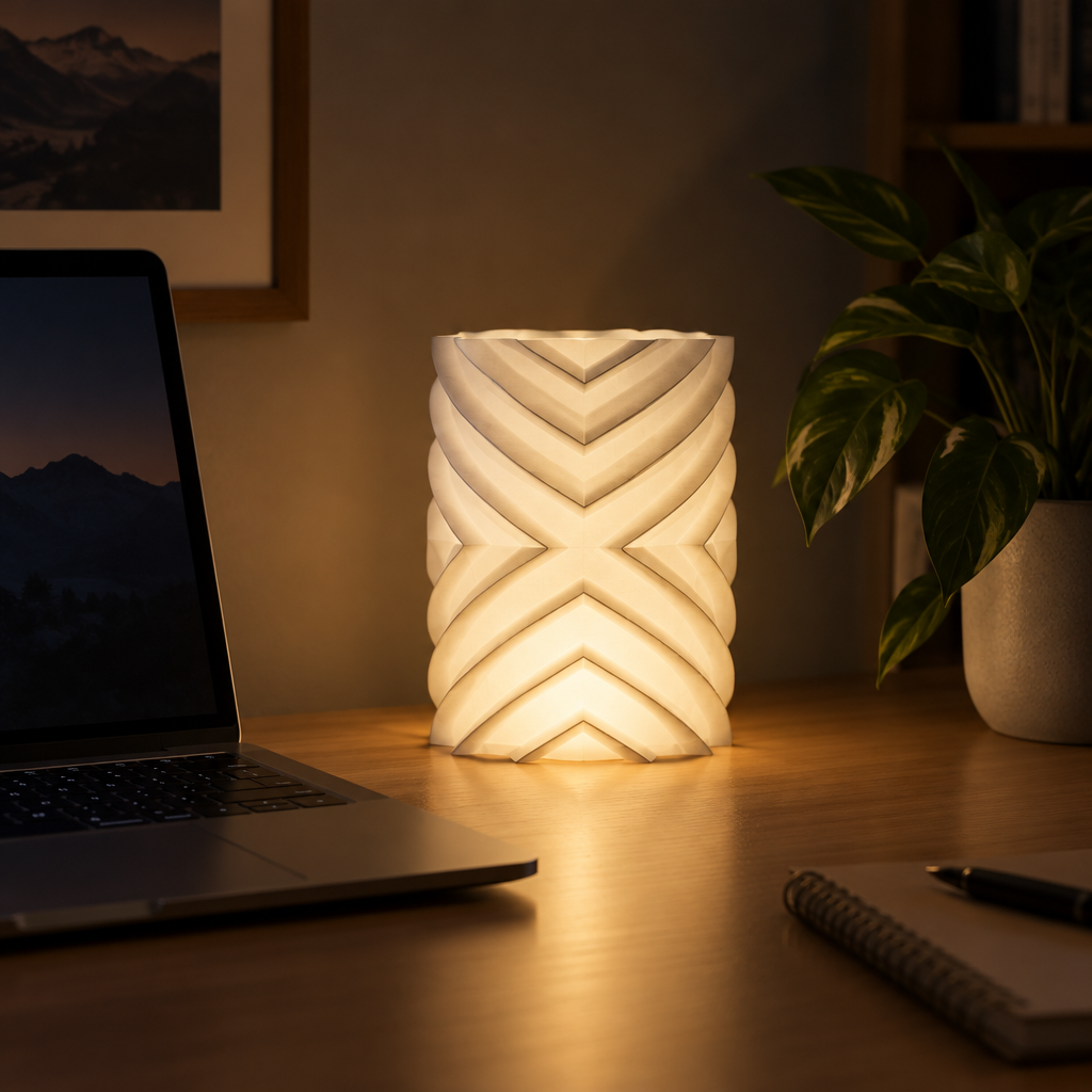 Geometric lampshade glowing on a home office desk beside a laptop and plant