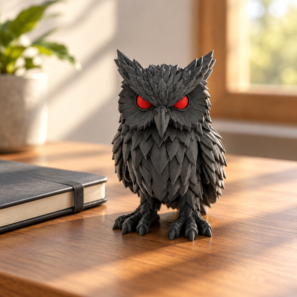 Crimson Watcher Owl on wooden writing desk