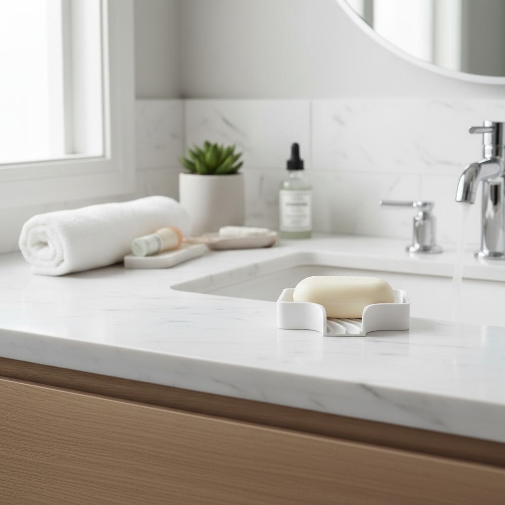 Matte white curved soap dish on grey stone bathroom counter with white bar of soap and succulent