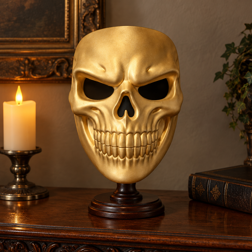 Gold Grinning Skull Mask displayed on an antique console.