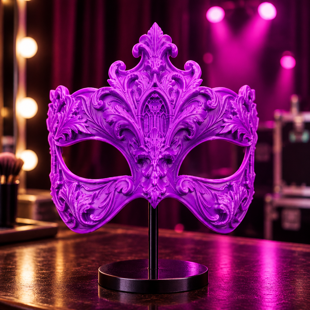 Neon purple Baroque masquerade mask in a theatre backstage setting, no strap included