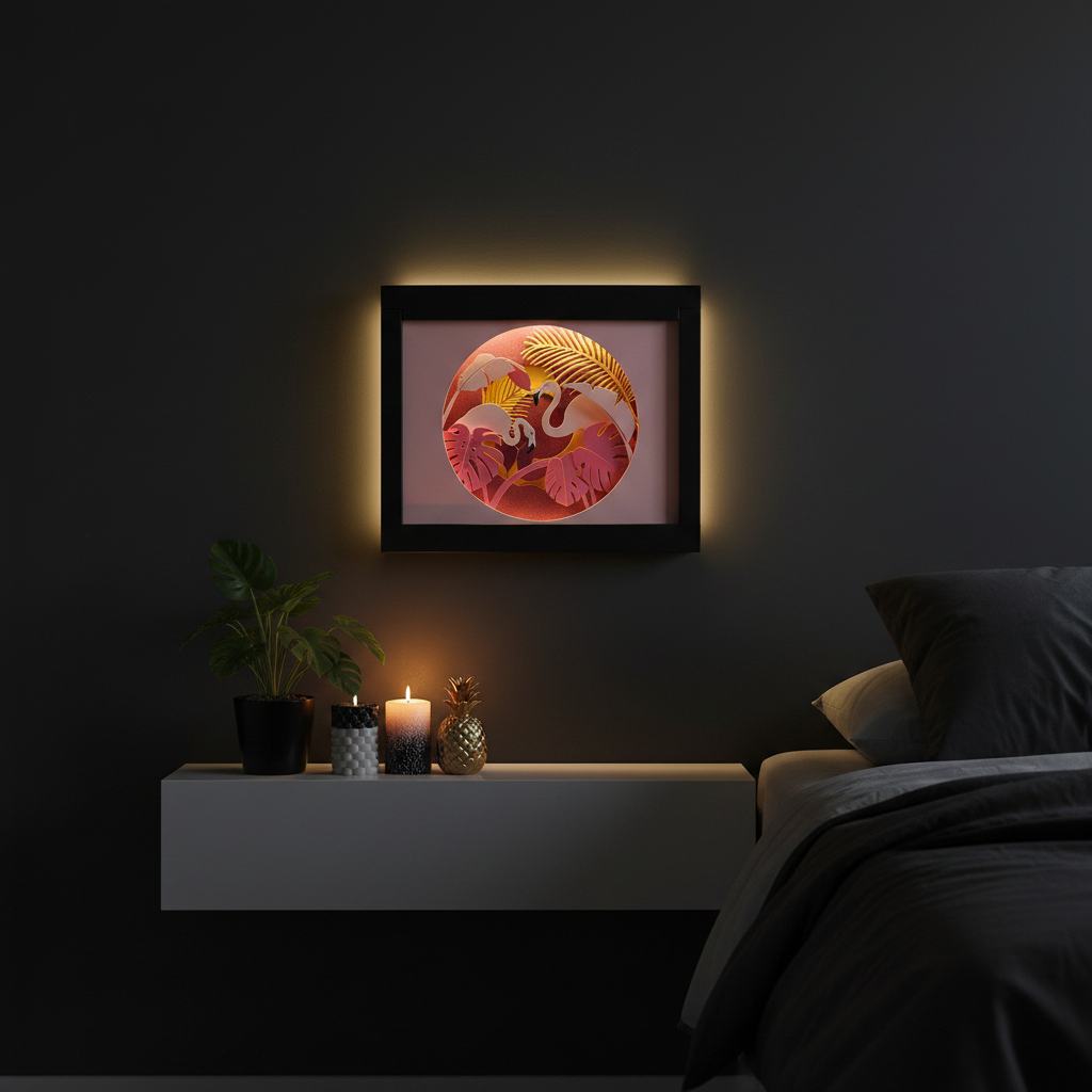 Flamingo Paradise Shadow Box with warm LED glow displayed on a dark bedroom wall with tropical decor and candles