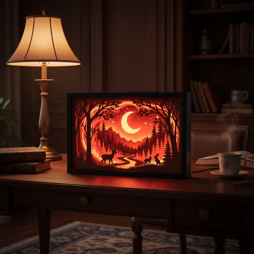 Moonlit Forest Walk Shadow Box displayed on dark wooden desk in moody study with warm lamp light