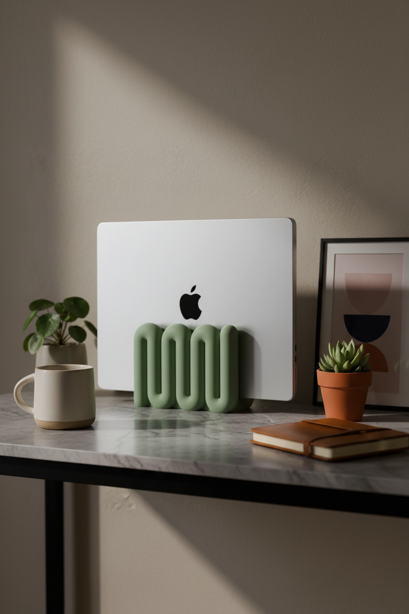 Wibble Vertical Laptop Stand holding MacBook on marble desk with coffee and notebook