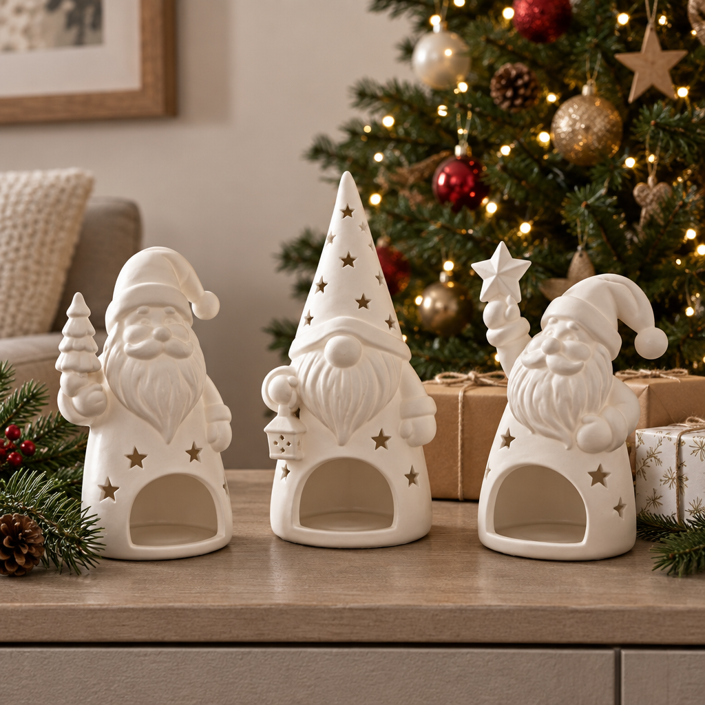 Three white Santa tealight holders displayed unlit beneath a decorated Christmas tree.