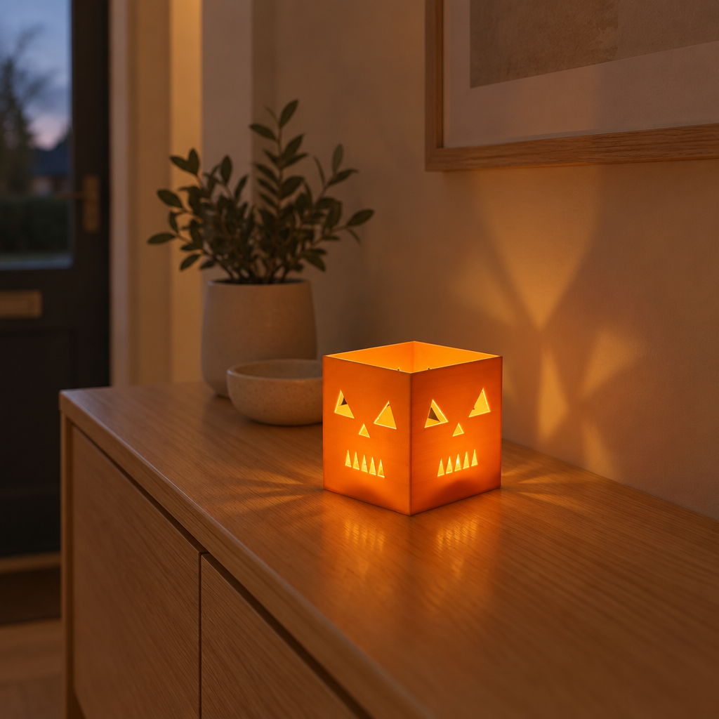 Orange cube pumpkin holder glowing on an entryway console with a flameless LED tealight