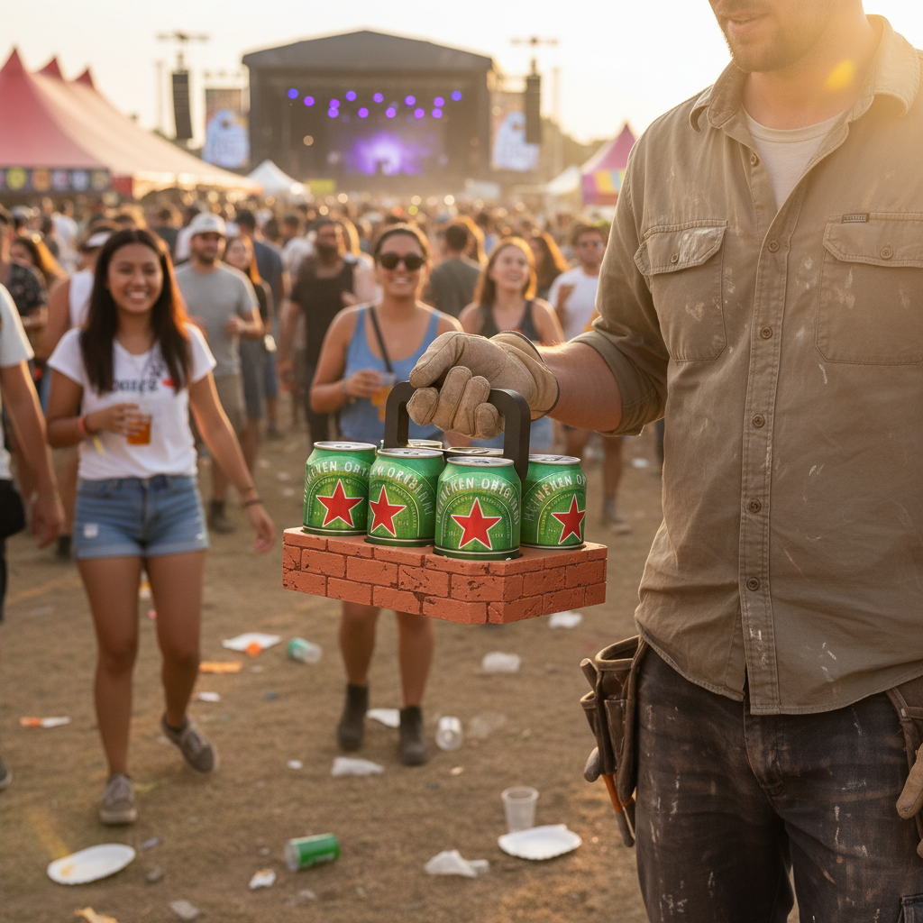 Beer Brick Six Can Caddy in orange — being carried by a man at an outdoor festival with crowds and tents in background