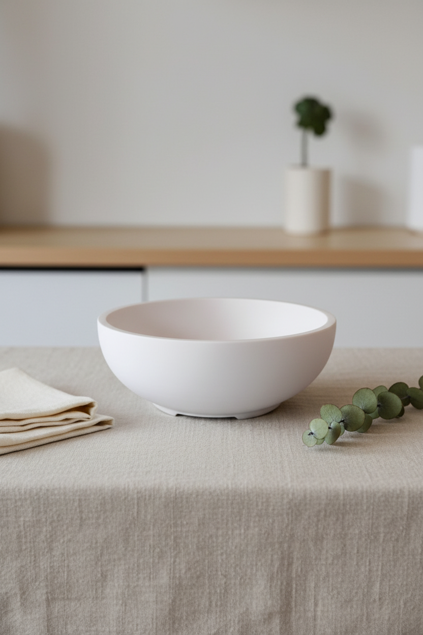 Minimalist Bonsai Pot empty on a linen tablecloth, editorial flat lay