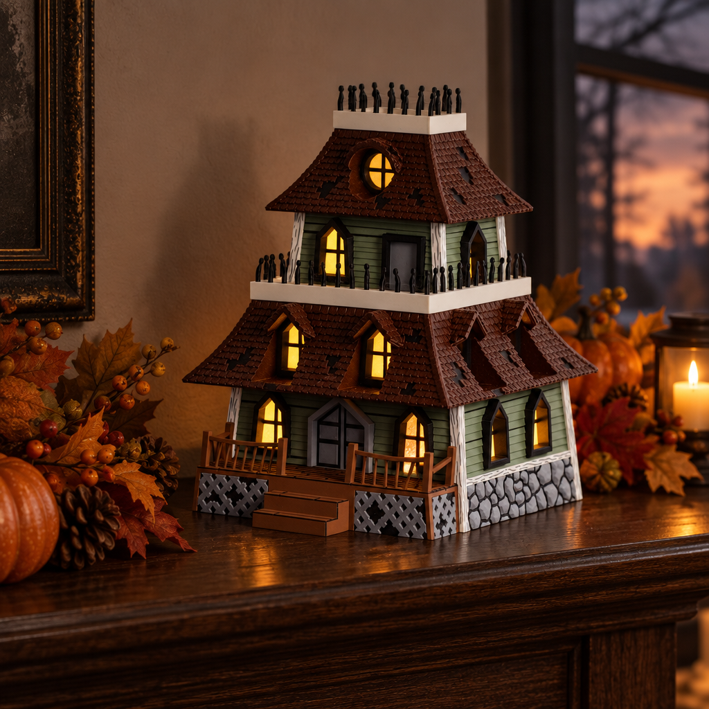 Haunted house on oak mantel