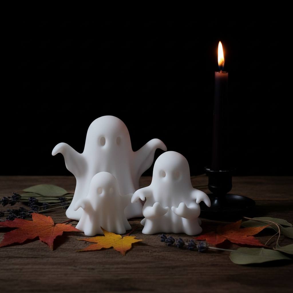 Ghost sculptures on dark wooden surface with autumn leaves and black candle