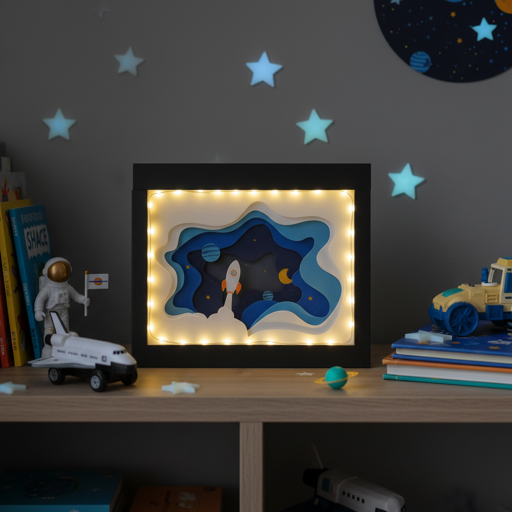 Space Rocket Shadow Box displayed on a child's bedroom shelf with space toys and glow in the dark stars