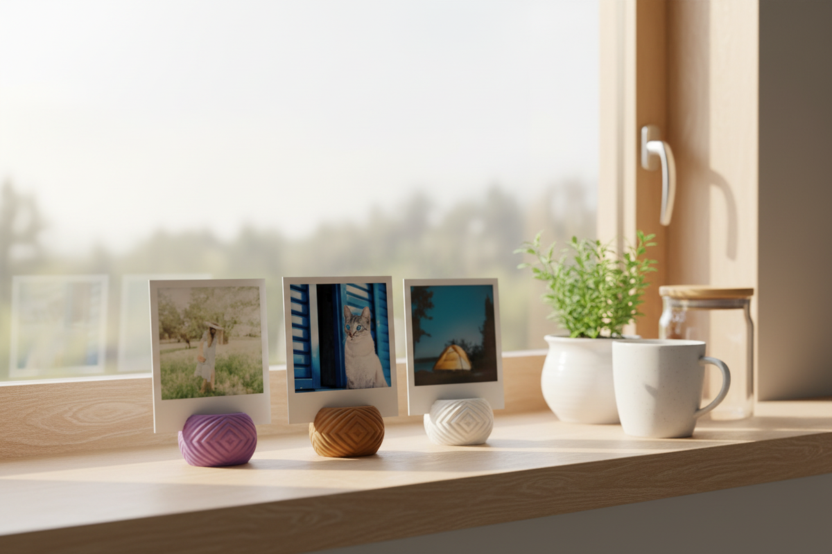 Three Geometric Mini Photo Holders neon purple warm brown chalk white matte diamond lattice pebble form each holding square polaroid print pale oak kitchen windowsill small herb pot white ceramic mug bamboo lid glass jar bright morning kitchen window light wide landscape
