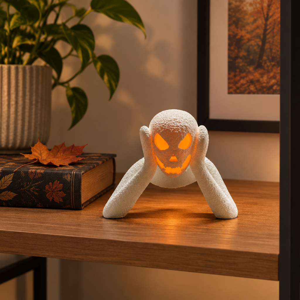 Small NOBODY LANTERN lamp on a home-office shelf with autumn styling