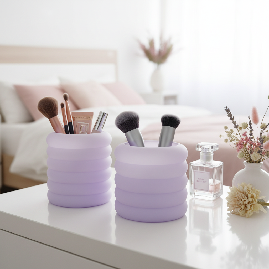 Lavender purple bubble torus organizer set on white dressing table with brushes and dried flowers