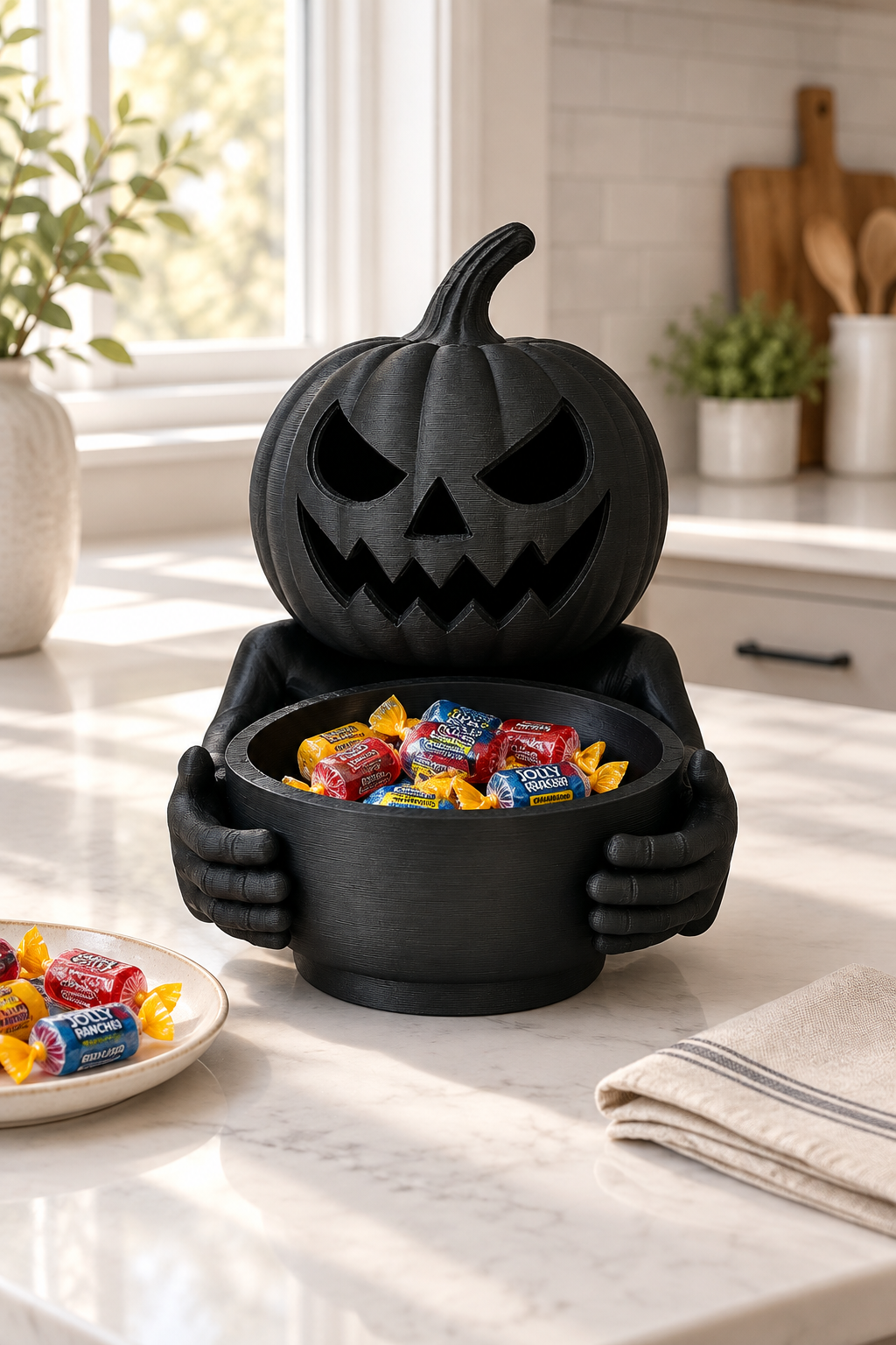Black pumpkin sweet tray on a bright kitchen island