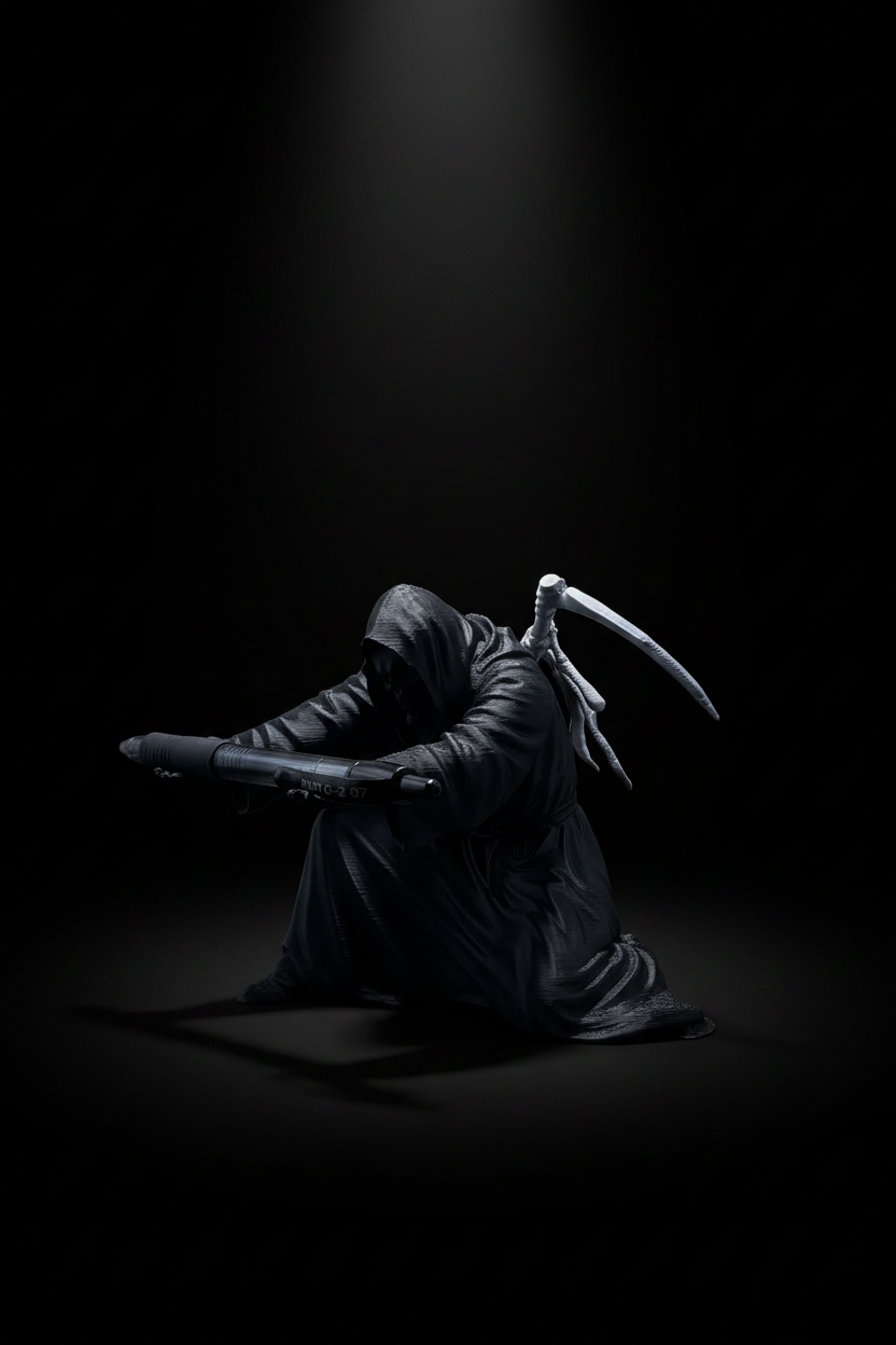 Grim Reaper Pen Holder on dark gaming desk with RGB lighting