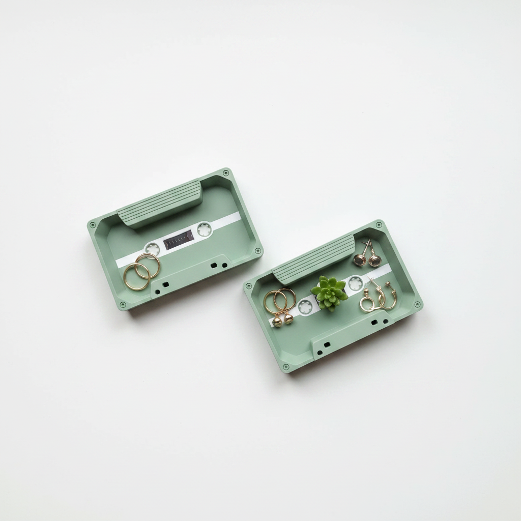 Sage green cassette tape tray on white desk with rings and earrings, flat lay