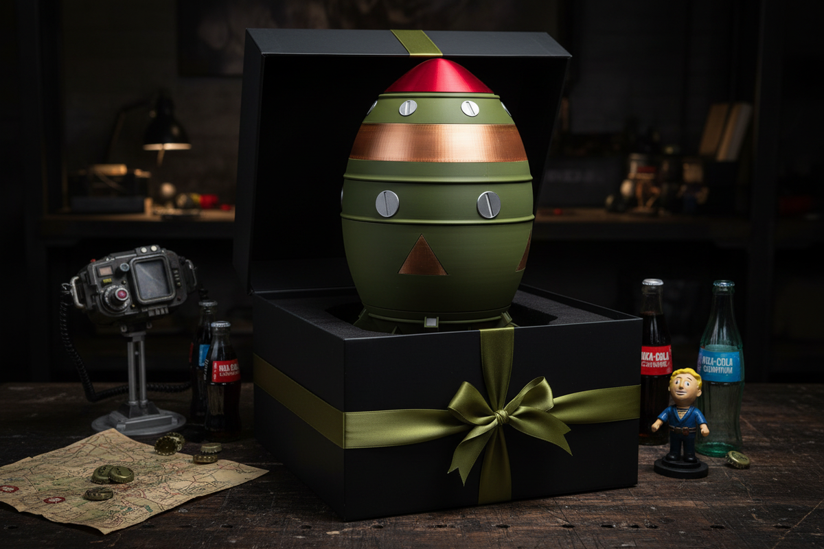 Fallout Mini Nuke display model presented as a gift in a matte black box with olive green ribbon and Fallout gaming memorabilia and Nuka-Cola bottles