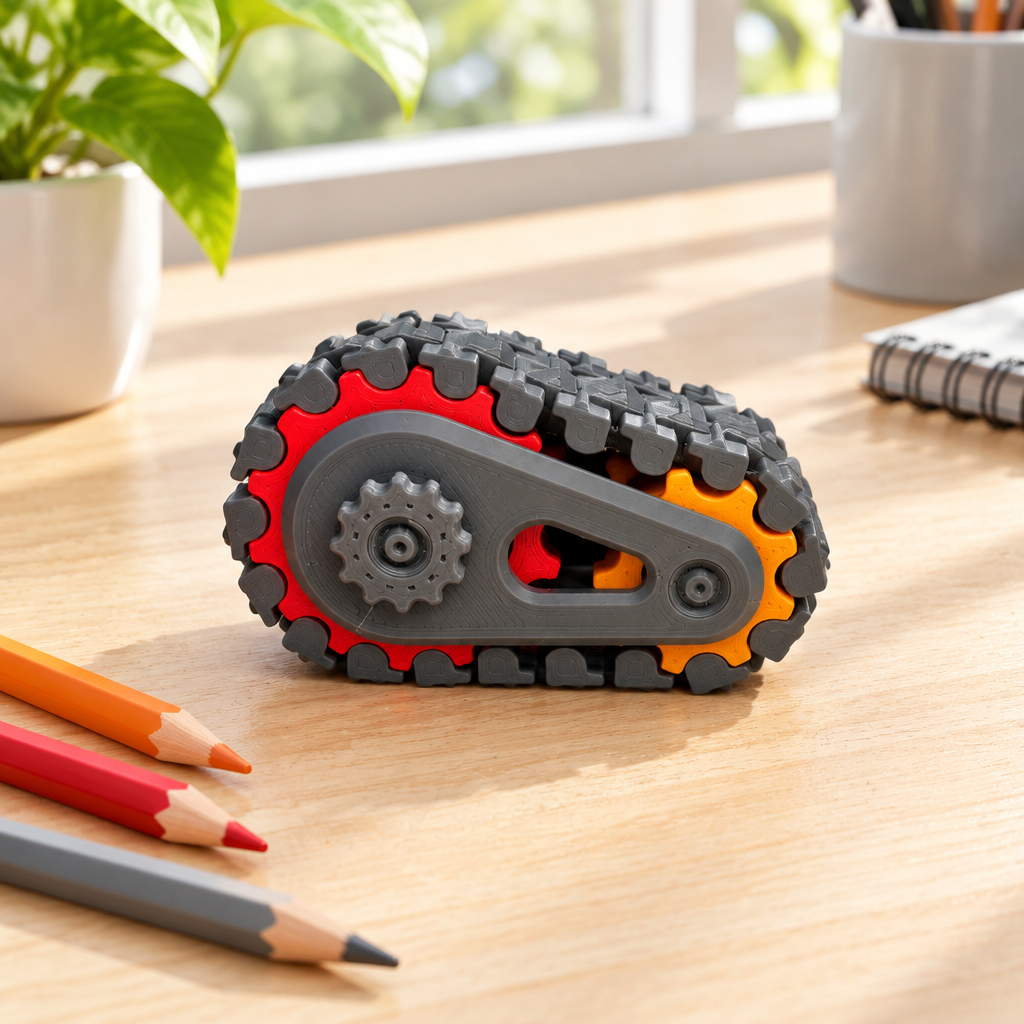 Tank Track Gear Fidget beside grey, red and orange pencils