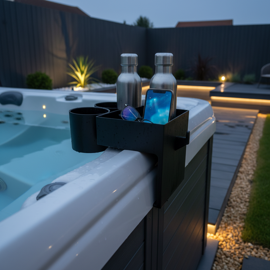 Black Hot Spot Rhythm Hot Tub Caddy on luxury hot tub holding drinks and phone with ambient evening lighting