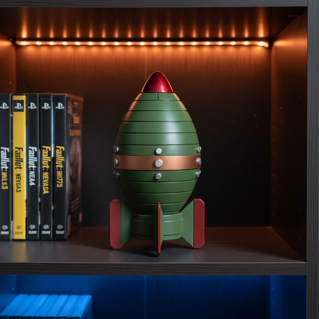 Fallout Mini Nuke display model on dark wood gaming shelf with LED lighting and game cases