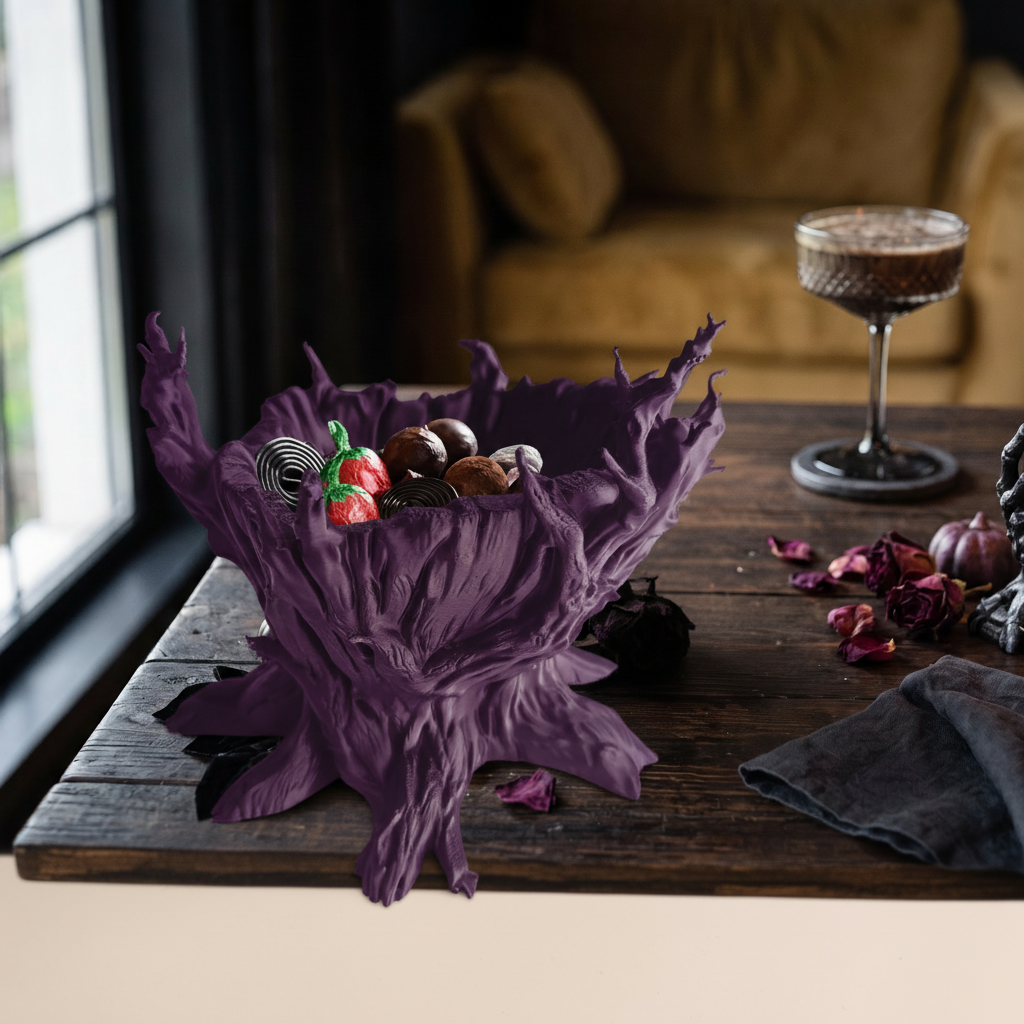 Halloween Hollow Tree Candy Bowl in purple — filled with Halloween sweets on dark hallway table with carved pumpkins and candles