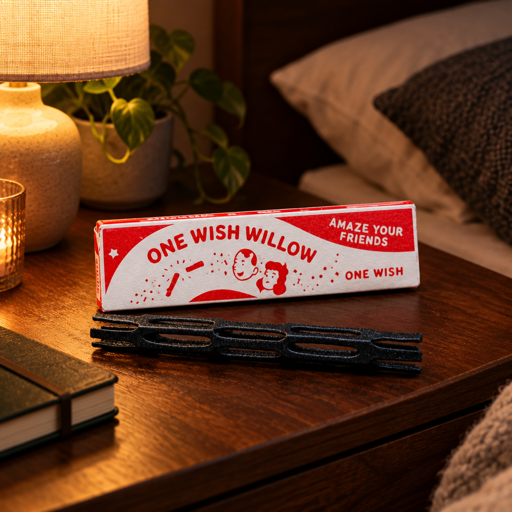 One Wish Willow black stick and presentation box on a bedside table