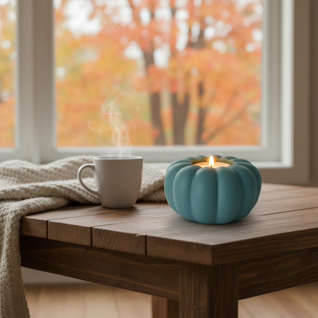 Ribbed pumpkin tealight holder glowing on coffee table cosy living room hygge autumn lifestyle