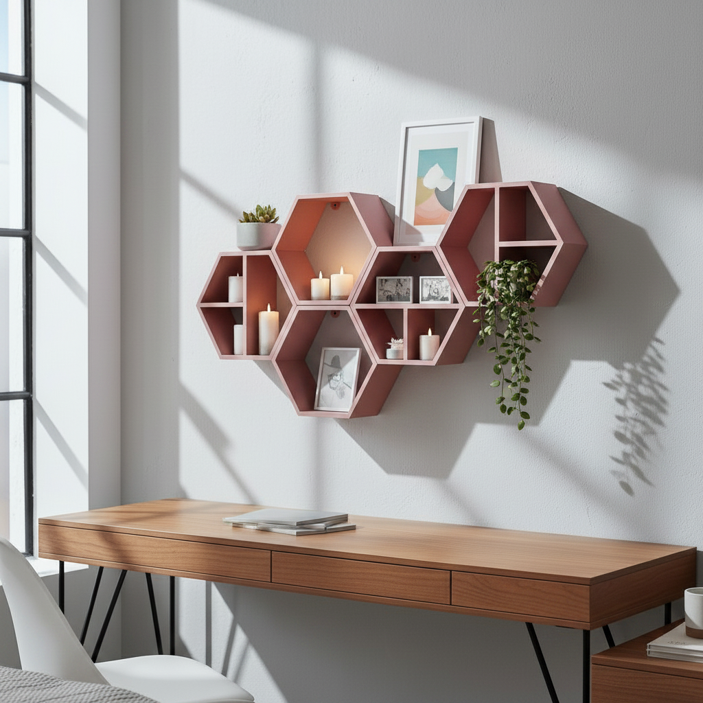 Dusty pink modular hexagonal shelf set, 6 units on white bedroom wall with framed prints, dried flowers and candles